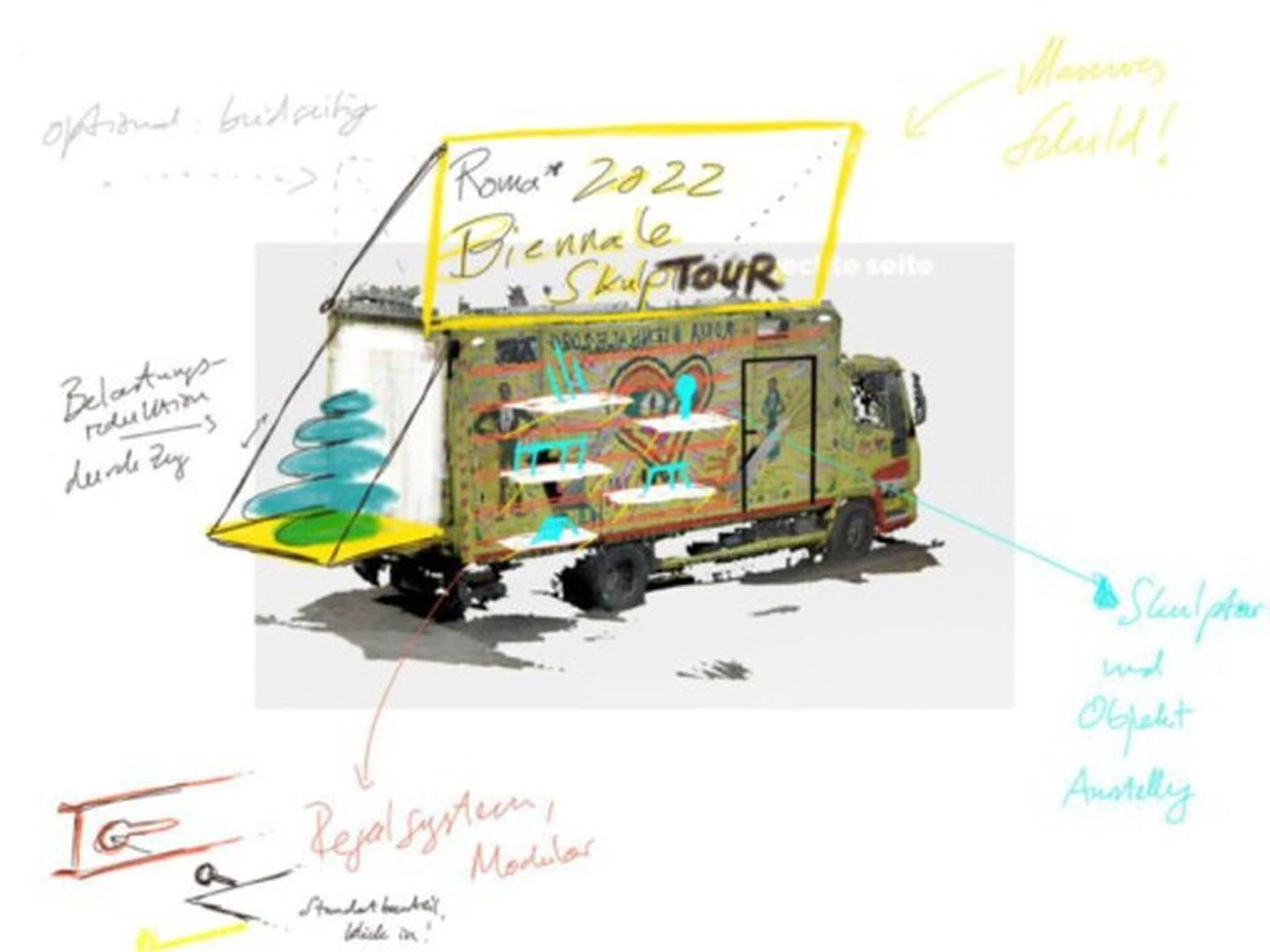 Stadtbretter — Entwurfsskizze für Roma*2022 Biennale SkulpTOUR mit LKW-Erweiterung