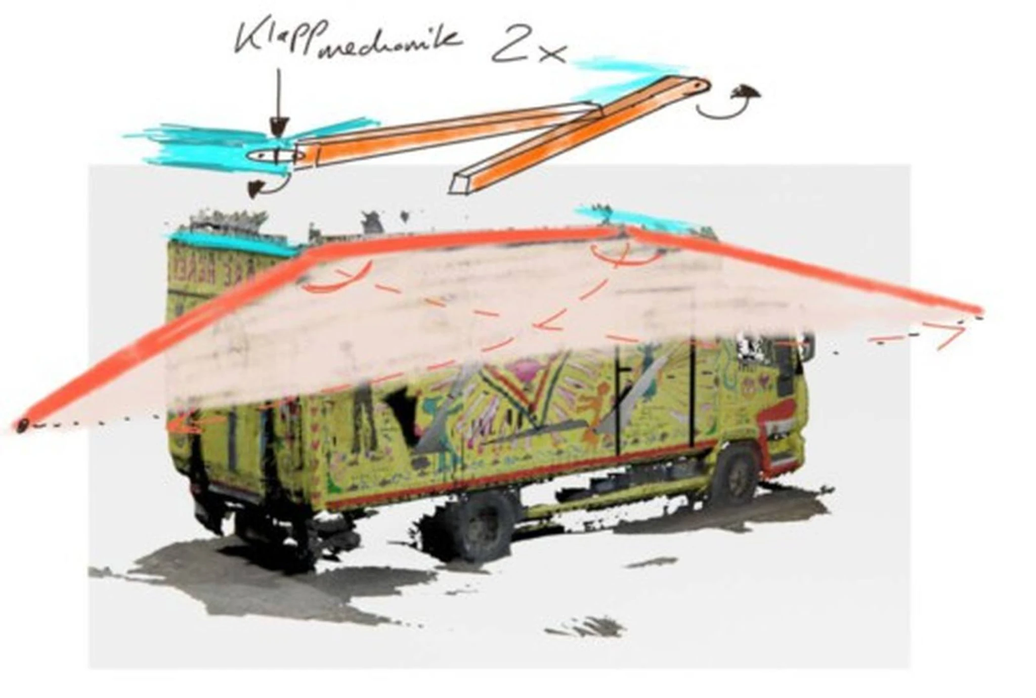 Stadtbretter — Klappmechanismus-Skizze für ausfahrendes Dach am BARE LKW