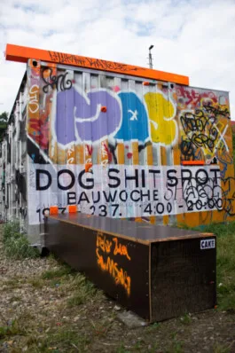 DogShitSpot — Portrait vor dem Bauwoche-Schild