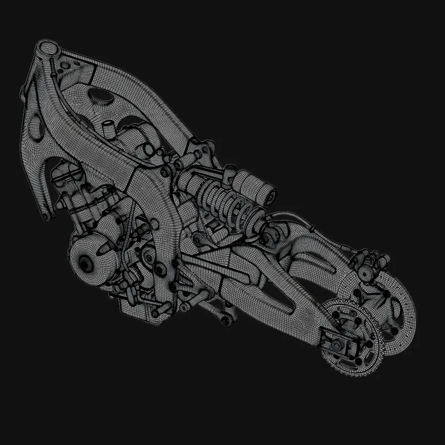 Wireframe pass of the same swingarm geometry